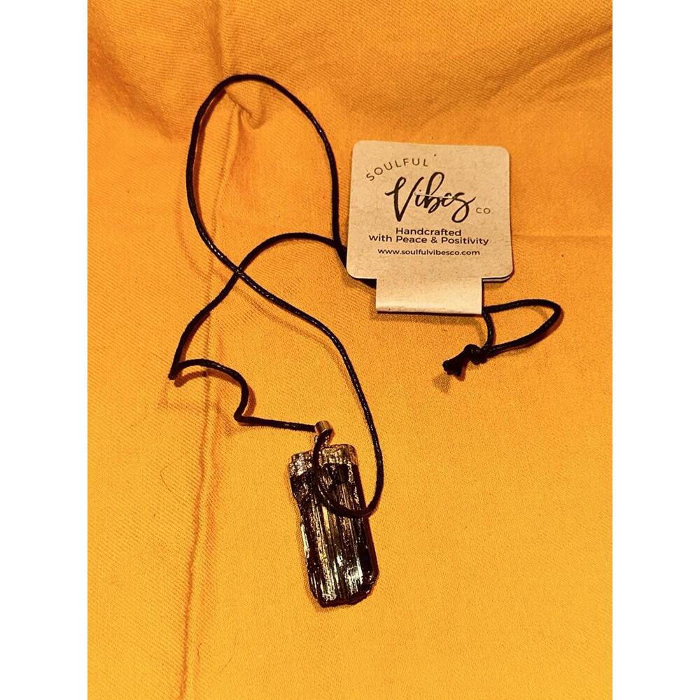 Black Tourmaline Natural Chunk Pendant Necklace w Cord Crystal NEW